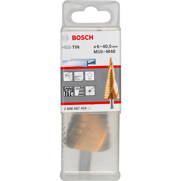 Сверло ступенчатое по металлу BOSCH HSS-TiN 6-40.5х125.5 мм 2608587434 - изображение 2