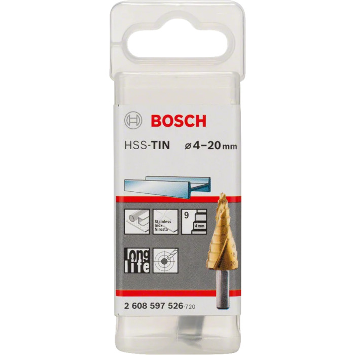 Сверло ступенчатое по металлу BOSCH HSS-TiN 4-20х70.5 мм 2608597526 - изображение 2