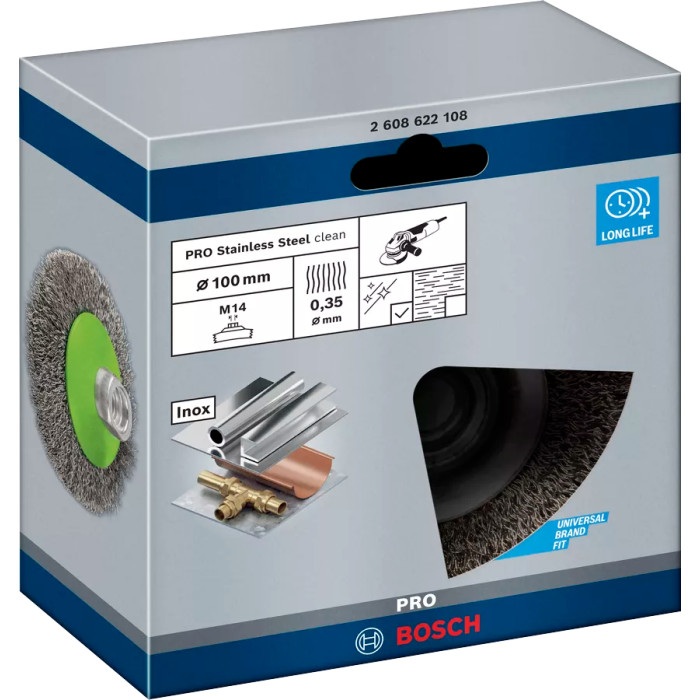 Щётка-крацовка BOSCH 100х0.35 мм M14 PRO Stainless Steel clean 2608622108 - изображение 2