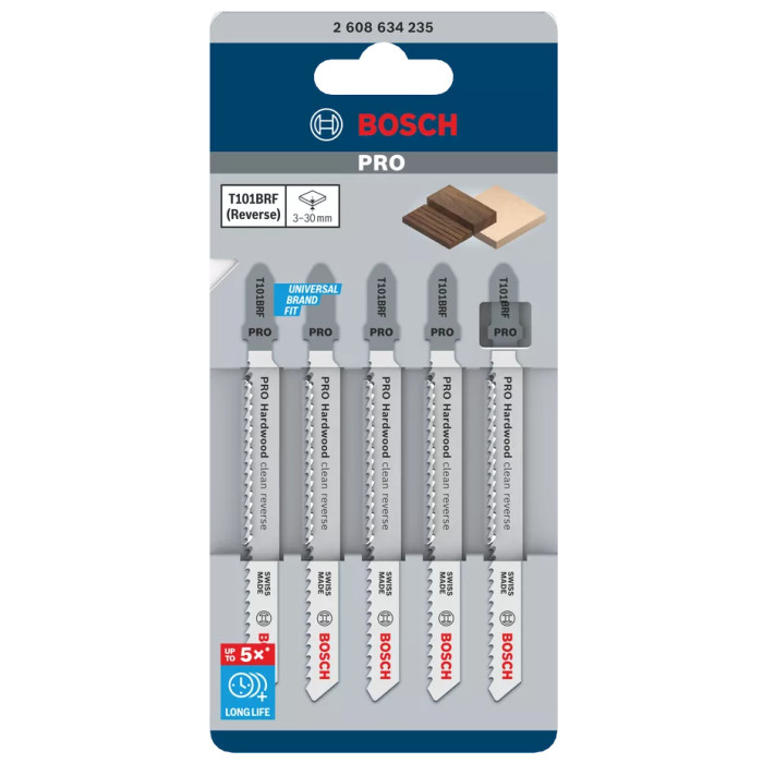 Полотна по дереву для лобзика 5 шт BOSCH BIM PRO Hardwood clean reverse 100х2.5 мм T 101 BRF 2608634235