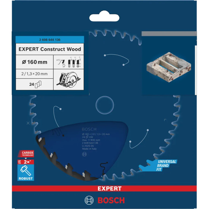 Диск пильный по дереву с бетоном и гвоздями BOSCH EXPERT Construct Wood 160х20х24 2608644136 - изображение 2