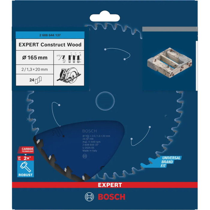 Диск пильный по дереву с бетоном и гвоздями BOSCH EXPERT Construct Wood 165х20х24 2608644137 - изображение 2