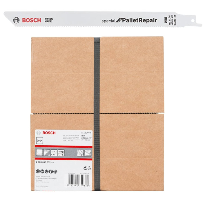 Полотна по дереву для сабельной пилы 200 шт BOSCH Special for Pallet Repair 225 мм 10/14 TPI S 1122 VFR 2608658032