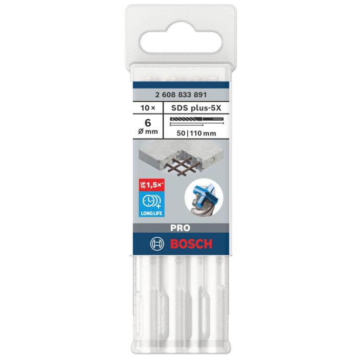 Бури по бетону 10 шт BOSCH PRO SDS plus-5X 6х50х110 мм SDS-Plus 2608833891