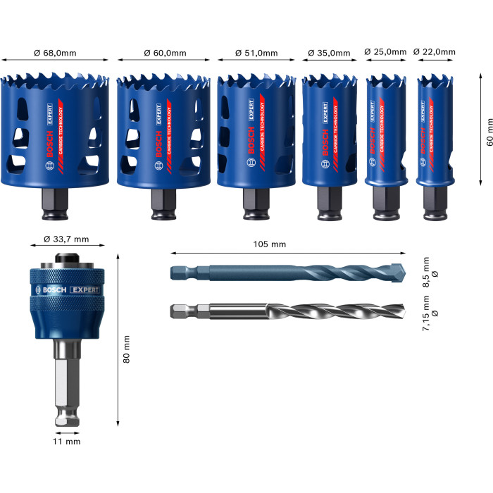 Набір біметалевих коронок універсальних 6 шт BOSCH EXPERT Tough Material PC Plus 22-68 мм 2608900445 - зображення 4