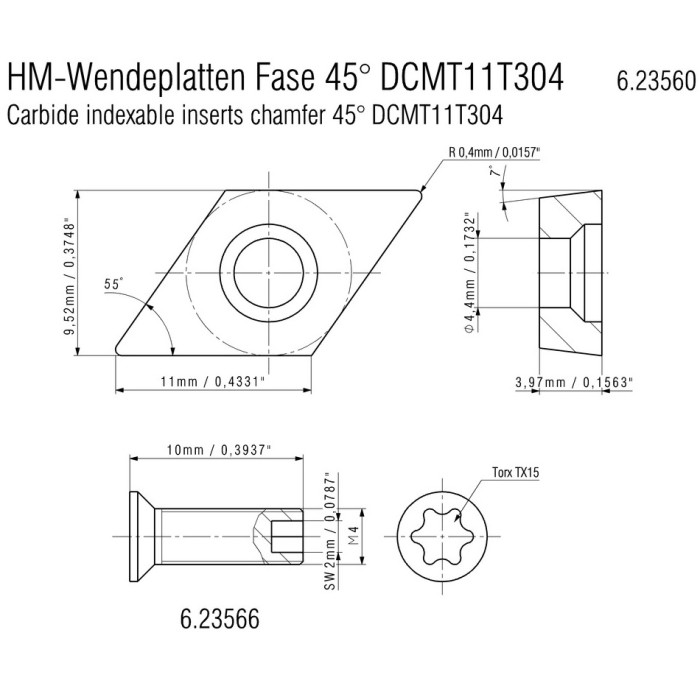 Твердосплавні поворотні різальні пластини 10 шт Metabo фаска 45° ISO DCMT 11 T 304 623560000 - зображення 2